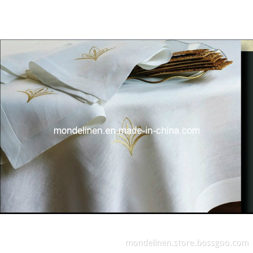 100%Linen Table Cloth with Golden Embroidery (TC-001)